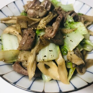 簡単！たけのこ菜と舞茸と鶏ハツのオイマヨ炒め♫